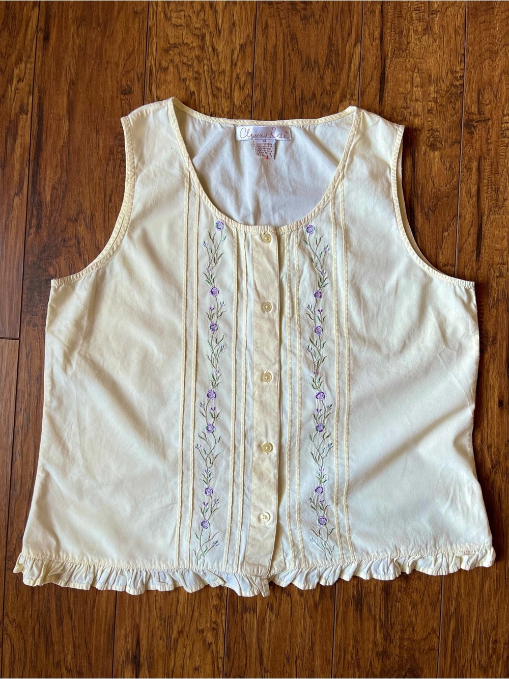 VTG Clover Rose Vintage Embroidered Floral Ruffle Blouse Vest Top Yellow L